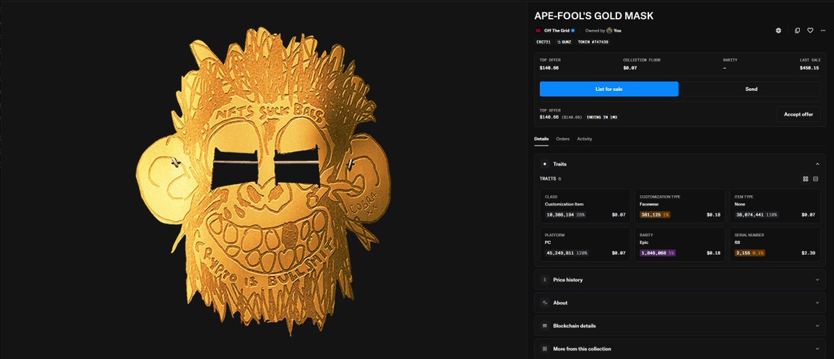 theemeraldthoth's tweet photo. Decided to pick up a rare OTG item today. The Prankster Mask will always be my favorite, but it was time to retire it...at least for a little while. Say hello to the shiny Gold Mask fit.

@playoffthegrid @GUNbyGUNZ @GunzillaGames https://t.co/rd0JALnFvE