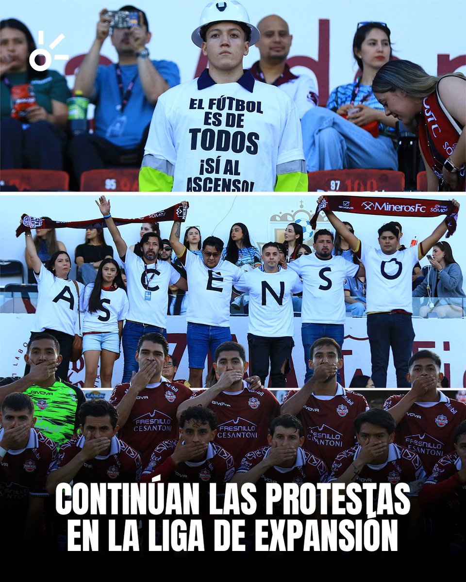 ClaroSports's tweet photo. ¡MINEROS NO BAJA LOS BRAZOS!⛏️

El conjunto de Zacatecas volvió a alzar la voz para exigir el regreso del ascenso y descenso en el futbol mexicano. Pese a las advertencias de la Comisión Disciplinaria, el equipo y la afición realizó una nueva manifestación antes de su partido, dejando claro que su postura sigue firme.