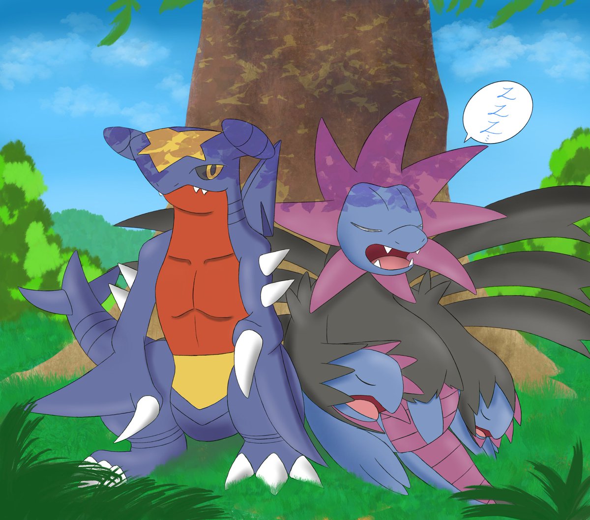 【希少】ポケモンスクラップXY ガブリアスVSサザンドラ 久しぶりに相棒達描いた🥰️ 描いてて楽しかった(≧∇≦) ＃ガブリアス