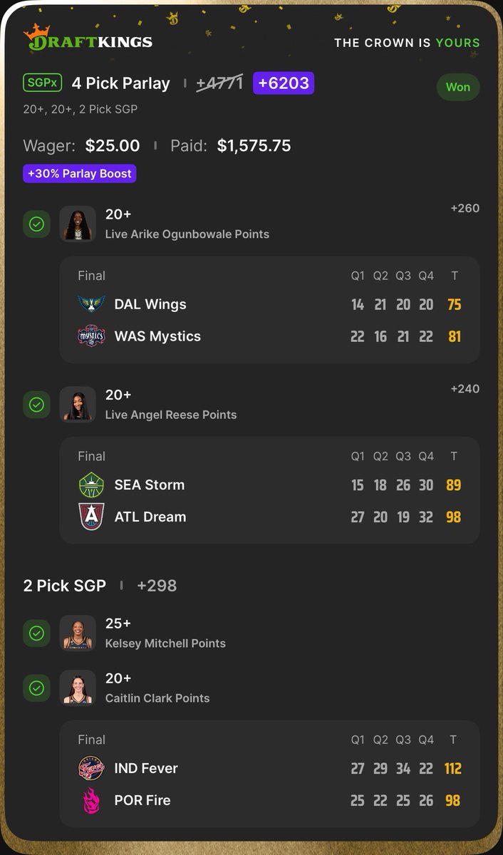 BBLottos's tweet photo. I LOVE WNBA CASH IT!
$25 —> $1600 on a live bet
#LottoCity
50% discount thats $5
https://t.co/l8BDQ2jt71 https://t.co/OYmHBr9OSa