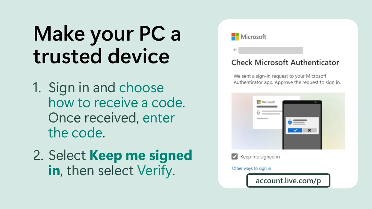 A screenshot of signing in to add a trusted device to your Microsoft account, with text instructions.