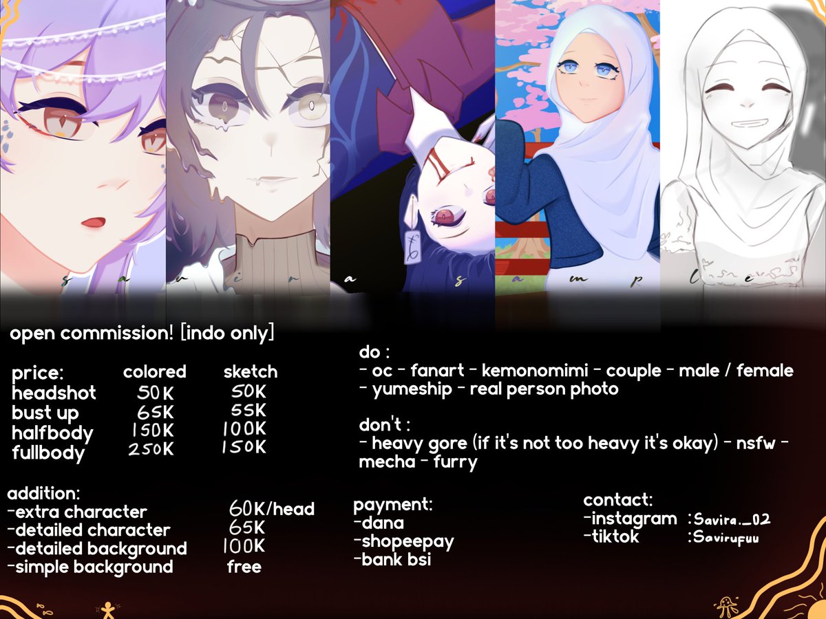 sav_opencomms's tweet photo. Urgent commission!
[Repost &amp; like are appreciated ✨]
Haii aku buka urgent komis (lokal &amp; international) 
kalian boleh DM atau kontak aku di bagian yang udah tertera jika berminat
International -> Vgen
Lokal -> DM
#zonauang #opencommission #urgentcomms https://t.co/Ovtcn3nFXu