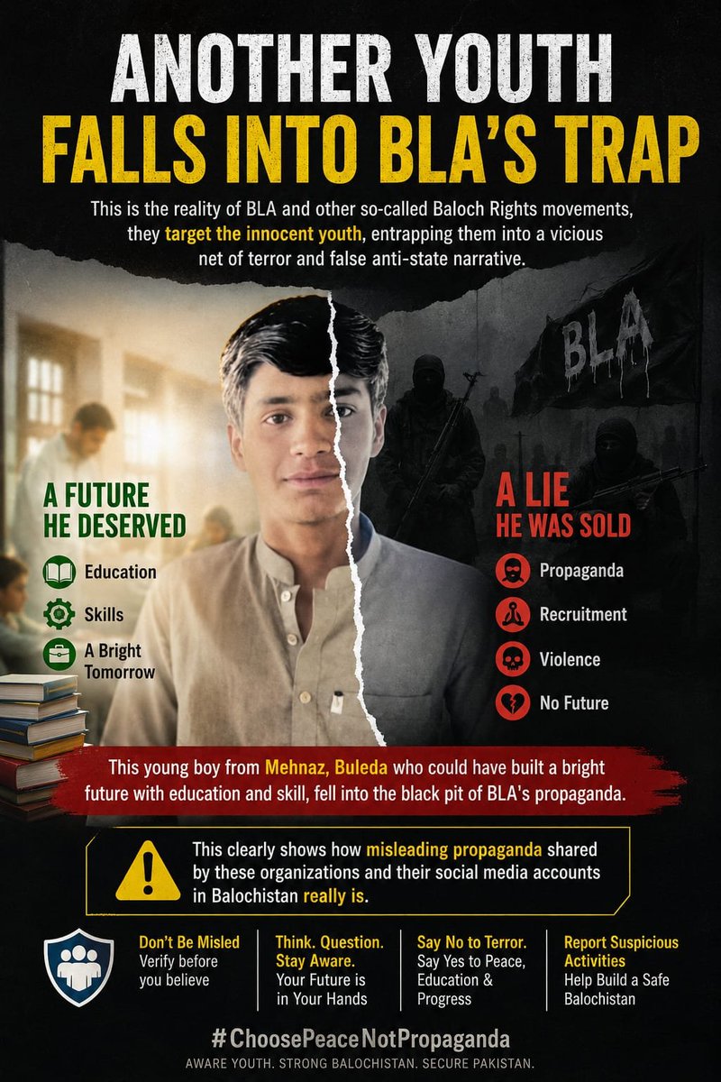 Asim__Speaks's tweet photo. This is the reality of BLA and other so-called Baloch Rights movements, they target the innocent youth, entraping them into a vicious net of terror and false anti-state narrative.
#ChoosePeace
#StopTerrorPropaganda
#ProtectOurYouth
#PeaceThroughEducation https://t.co/8sopkKzkN7