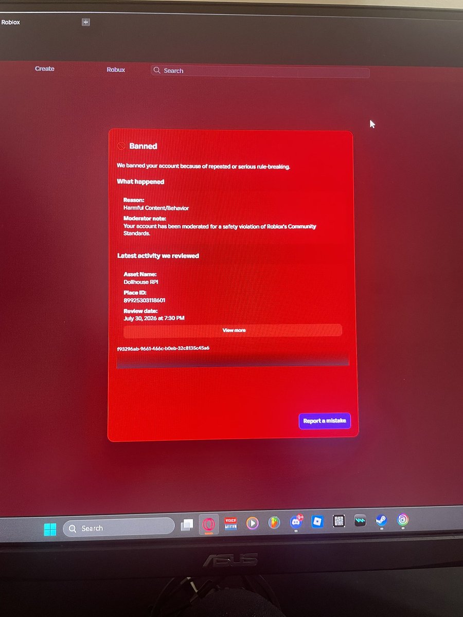 praisemulet's tweet photo. and just to add, my game was public for a little bit and i made it private just for me to just develop the game for fun, never wanted people to play my game and I still got banned 🤦 https://t.co/Di9Z8GWHCb