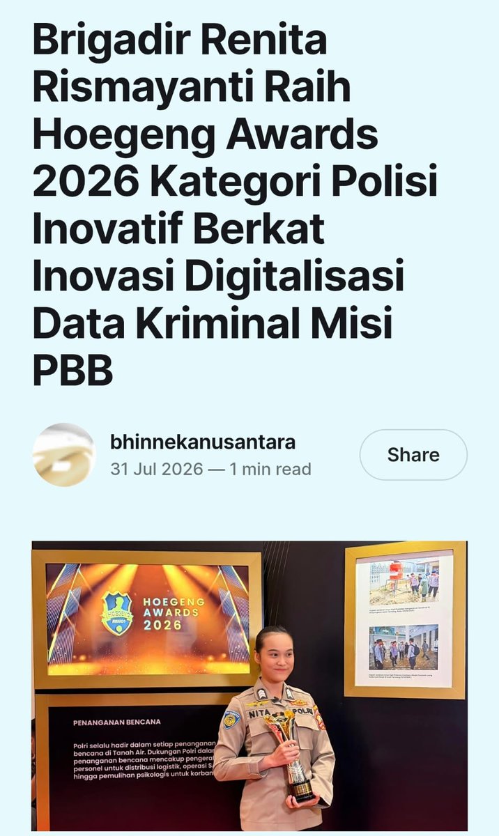 Bihunkuah5's tweet photo. brigadir renita rismayanti meraih #HoegengAwards2026 kategori polisi inovatif berkat inovasi digitalisasi data kriminal misi pbb

Kehormatan Menjaga Kepercayaan https://t.co/sIKSC6bv9q