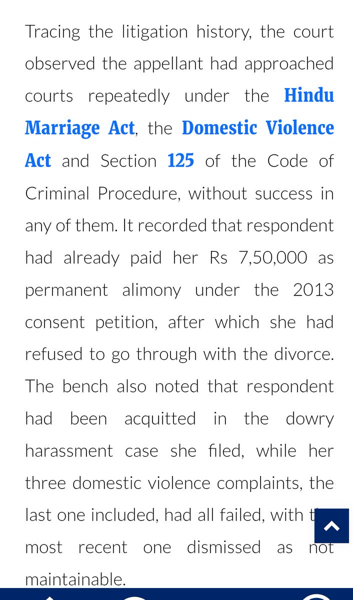 imra_mra's tweet photo. This is a good judgment.

The wife initiated the following legal proceedings against the husband:-

1. Dowry case (the husband was acquitted).
2. Three Domestic Violence (DV) complaints (all three were dismissed).
3. Proceedings under Section 125 CrPC (remained inconclusive).
4. A petition before the High Court seeking ₹1,500,000 in maintenance.

The husband legal actions:-

1. Filed a divorce petition in 2013 (the wife took ₹750,000 in the name of divorce).

2. Filed another divorce petition in 2014, but it was later withdrawn.

3. Filed yet another divorce petition. It is in this case that the wife filed a petition before the High Court seeking ₹1,500,000 in maintenance.

Facts :- 

1. During her cross-examination, the wife admitted that her marriage to the husband had never been consummated.

2. In her statements, the wife also claimed that the husband was of unsound mind.

3. In 2013, the wife took ₹750,000 from the husband in the name of divorce but never granted him a divorce.

The court gave due weight to these facts and dismissed the wife's appeal, observing that she could undergo her cancer treatment under the Ayushman scheme. The court further held that a husband of unsound mind could not be directed to pay maintenance, especially since that was the wife's own claim.

For MRAs:-

Read every complaint and every court document carefully. It is often in these same documents that disgruntled wives end up digging their own graves.