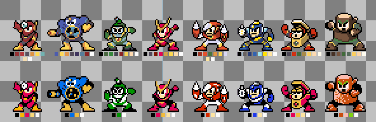FireAce111's tweet photo. Bueno, le tocaba el 2 (Voy en retroceso xd)
Metal Man y Crash Man tienen 9 colores y no 8 para darles unos detalles. 
#megaman #pixelart #MegaMan2 https://t.co/CaCIdc5nm9