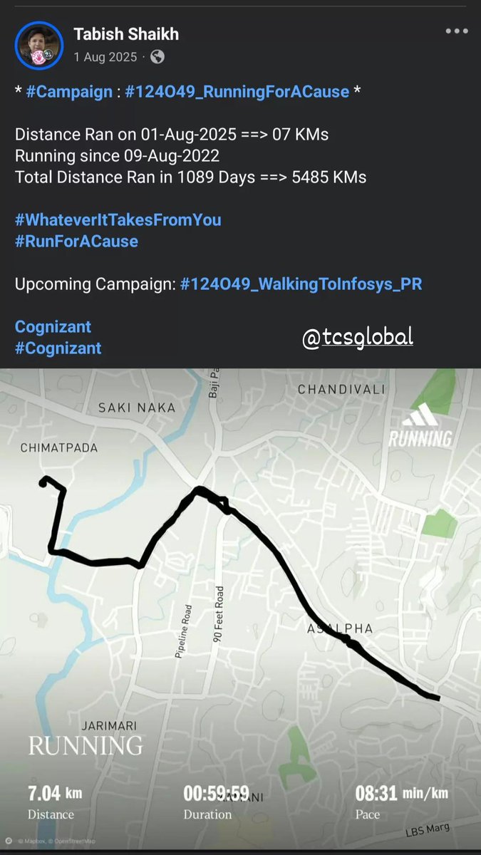 TabishSk21's tweet photo. * #Campaign : #124O49_RunningForACause *

Distance Ran on 01-Aug-2024 ==> 05 KMs
Running since 09-Aug-2022 
Total Distance Ran in 724 Days ==> 3620 KMs

#WhateverItTakesFromYou
#RunForACause

Upcoming Campaign: #124O49_WalkingToInfosys_PR 

Tata Consultancy Services
@TCS
#TCS https://t.co/FdmyW41KNZ