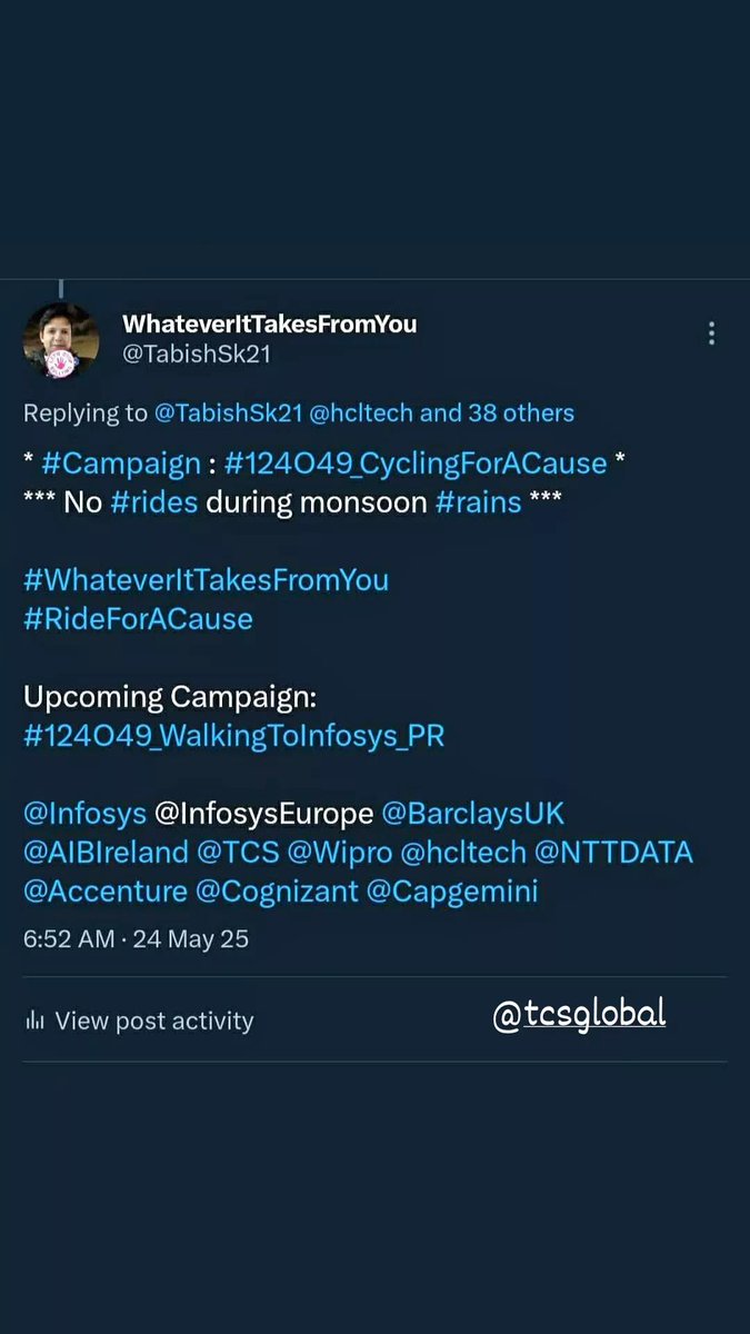 TabishSk21's tweet photo. * #Campaign : #124O49_RunningForACause *

Distance Ran on 01-Aug-2024 ==> 05 KMs
Running since 09-Aug-2022 
Total Distance Ran in 724 Days ==> 3620 KMs

#WhateverItTakesFromYou
#RunForACause

Upcoming Campaign: #124O49_WalkingToInfosys_PR 

Tata Consultancy Services
@TCS
#TCS https://t.co/FdmyW41KNZ