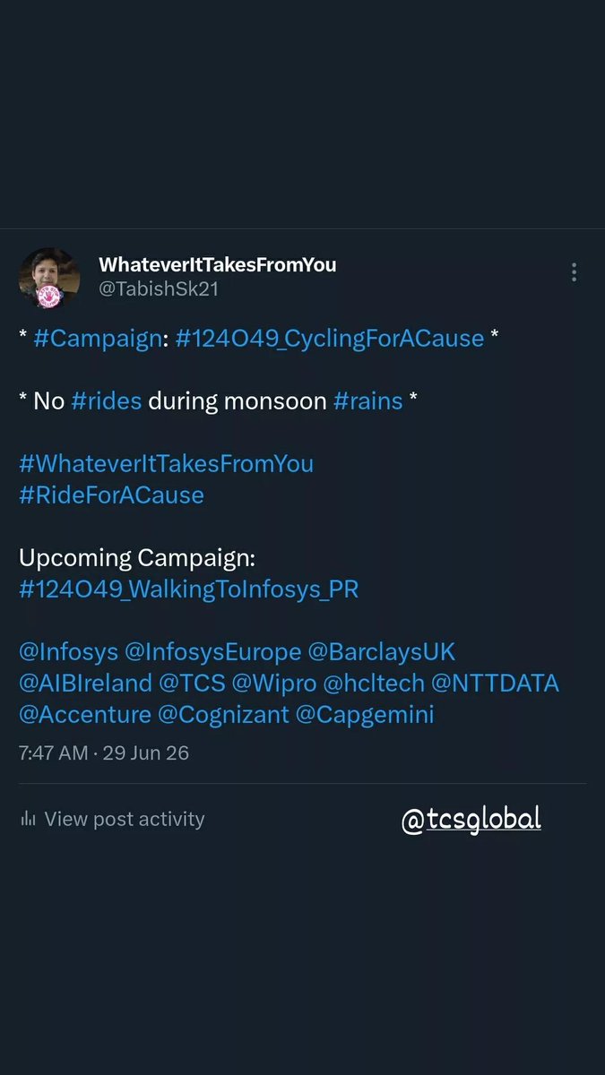 TabishSk21's tweet photo. * #Campaign : #124O49_RunningForACause *

Distance Ran on 01-Aug-2024 ==> 05 KMs
Running since 09-Aug-2022 
Total Distance Ran in 724 Days ==> 3620 KMs

#WhateverItTakesFromYou
#RunForACause

Upcoming Campaign: #124O49_WalkingToInfosys_PR 

Tata Consultancy Services
@TCS
#TCS https://t.co/FdmyW41KNZ