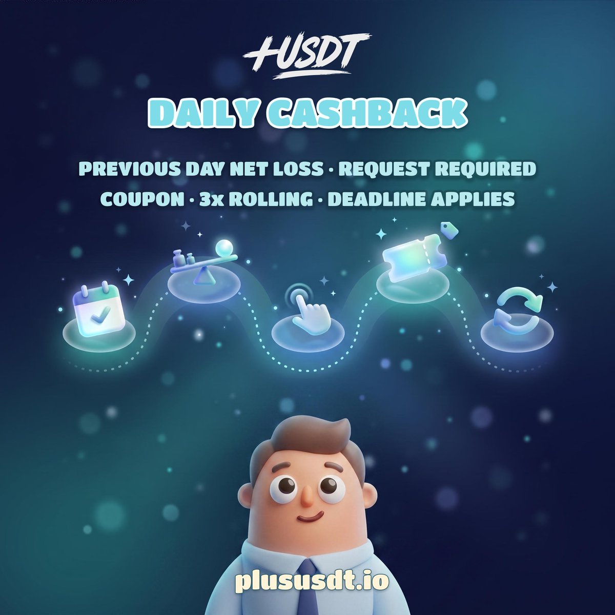 plususdt's tweet photo. Daily Cashback is calculated from the previous day’s net loss and issued as a coupon after an eligible request. A 3× rolling requirement and request deadline apply. Check the full terms. #PlusUSDT #DailyCashback https://t.co/KjEf3EmMkQ