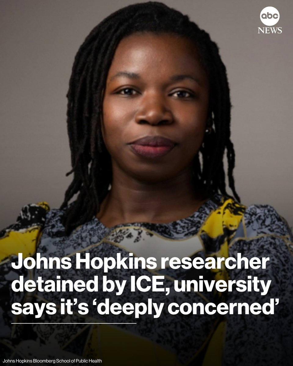 ABC's tweet photo. A Johns Hopkins University researcher, originally from Cameroon, was detained by ICE officers at Baltimore Washington International Airport, according to the university, which said it is "deeply concerned" about the matter.

Read more: https://t.co/yKLTIptMO8 https://t.co/8P0P6zplTJ