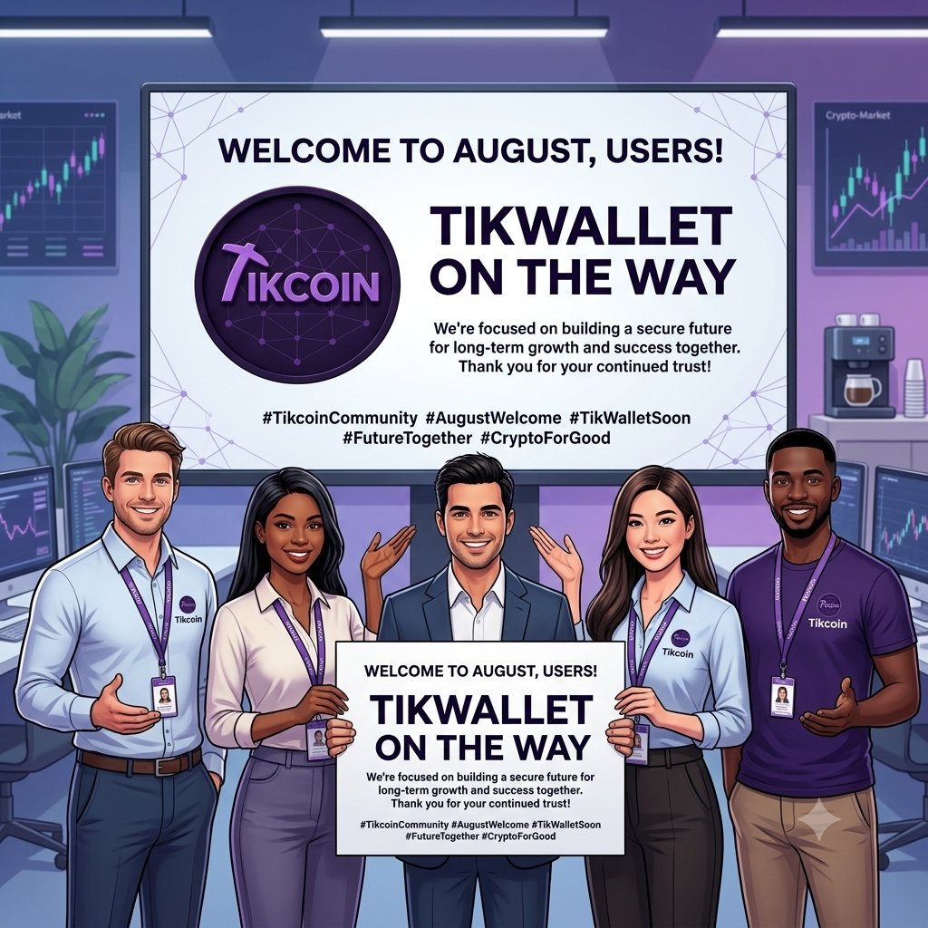 JagoraMuhammad's tweet photo. Welcome Message: The main screen and sign prominently display:
​"Welcome to August, Users! TikWallet on the way."
​Long-Term Vision & Trust: The text includes an inspiring statement reinforcing the team's commitment:
​"We're focused on building a secure future for long-term growth and success together. Thank you for your continued trust!" 
​#Tikcoin #TikWallet #CryptoCommunity #WelcomeAugust #CryptoNews #LongTermGrowth #BlockchainTechnology #CryptoWallet #Web3 #FutureOfFinance #CryptoTrust #HODL