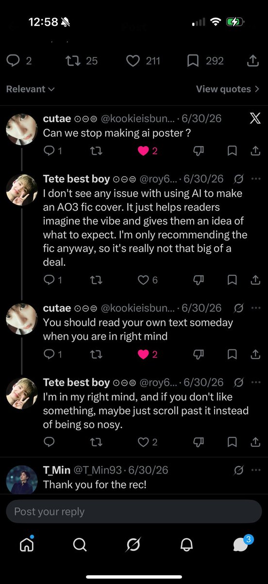 idyllicsoullll's tweet photo. Okay i hate public call outs but this person doesn't seem to understand the issue and justified using ai for creating visuals that too for other people's works

Not these posts getting 100s of like

TaeKook writers this is my call for u to stop them from recommending ur fics pls https://t.co/vYgBbnRjl6
