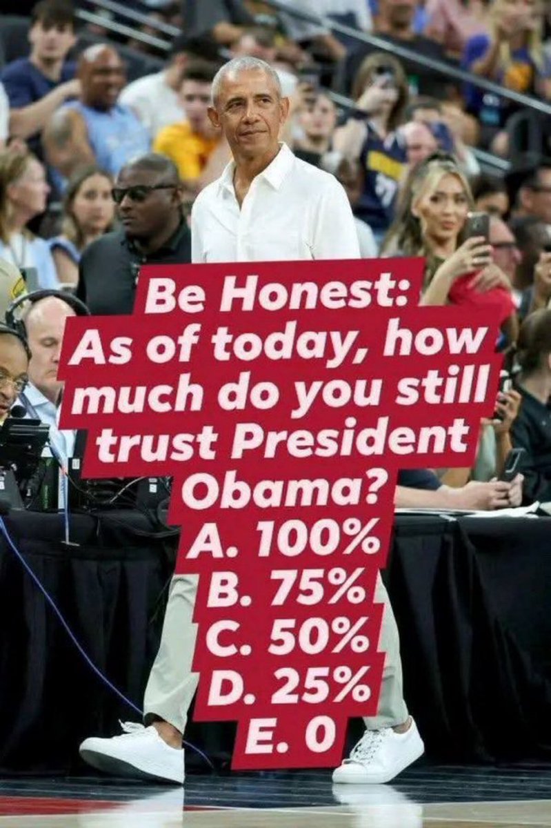 0DonaldTrumpJrQ's tweet photo. How much do you still trust former President Barack Obama?

A. 100%
B. 75%
C. 50%
D. 25%
E. 0% https://t.co/aiAmIHGXJk