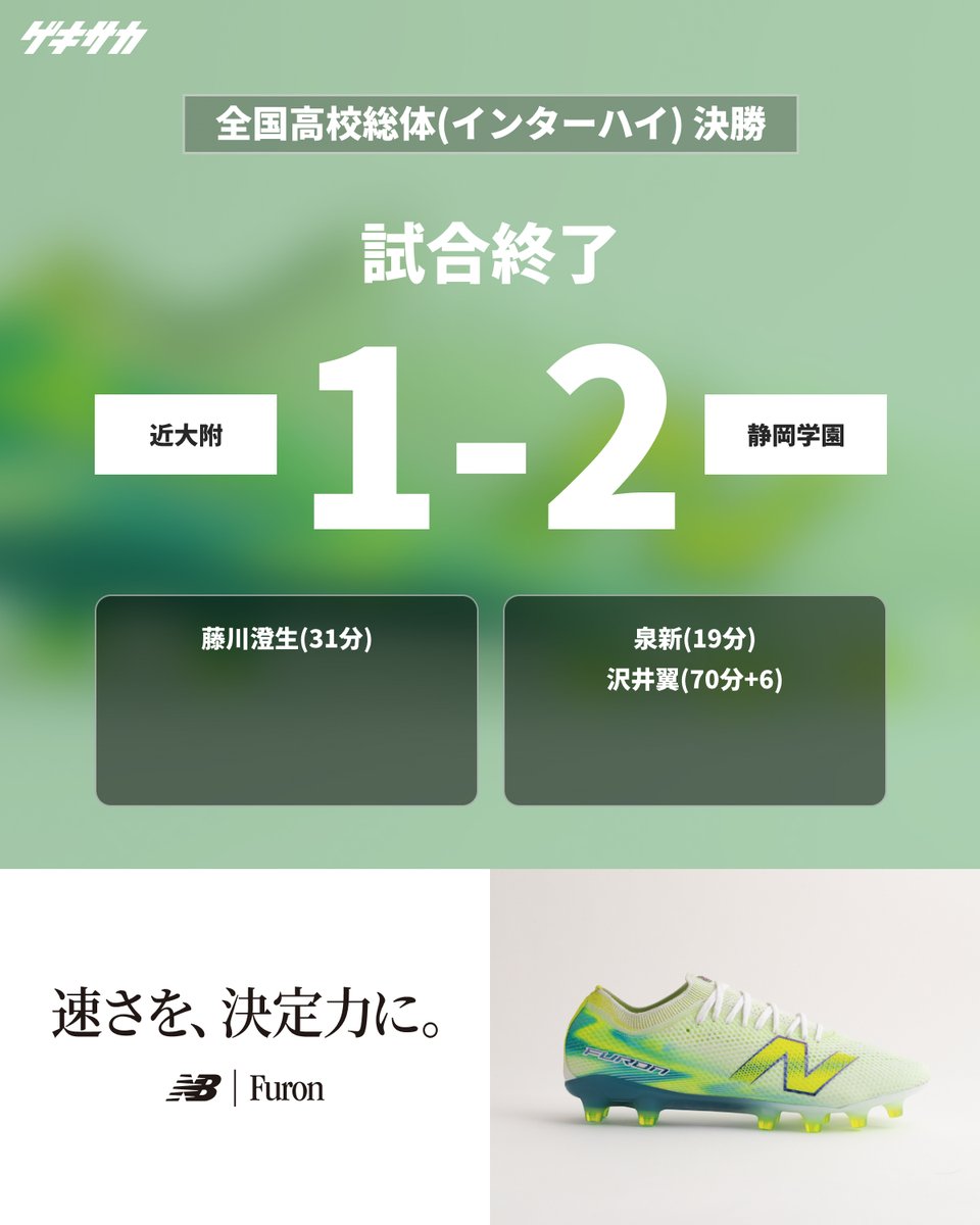 gekisaka's tweet photo. ／
【試合日程】
全国高校総体(インターハイ)🏆
#PR #高校サッカー #インターハイ
📌決勝
📅8月1日(土)
[Jヴィレッジスタジアム]
近大附 1-2 静岡学園
[近]藤川澄生(31分)
[静]泉新(19分)、沢井翼(70分+6)
＼

📝令和8年度全国高校総体(インターハイ)特集ページ
https://t.co/fteLN7jfvQ https://t.co/XYpAeLEBjp