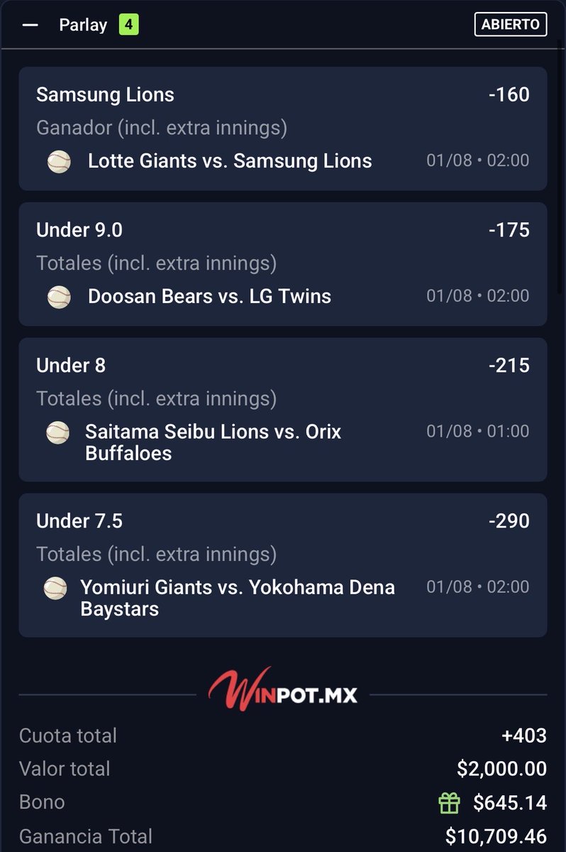 PatronazoPicks's tweet photo. 💎: Cuatrilay +400 KBO + NPB 🔥🔥🔥

En una hora dejare la mitad de un kamikaze del premium mientras tanto aquí tienen este cuatrilay para todos ustedes .

Cada like es un se va a cobraaar https://t.co/4D6dEjdJaJ