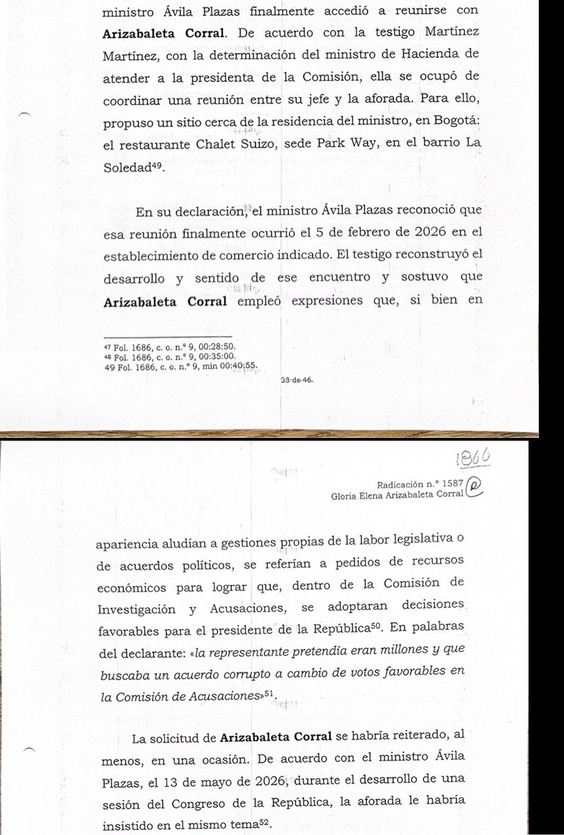 ricarospina's tweet photo. Esto dice la @CorteSupremaJ sobre las reuniones de @GloArizabaleta con la directora del DAPRE Nhora Mondragón y con @MinHacienda Germán Avila, en las que supuestamente Arizabaleta habría pedido puestos y prebendas a cambio de tomar decisiones a favor del presidente @petrogustavo en la Comisión de Acusación de la @CamaraColombia