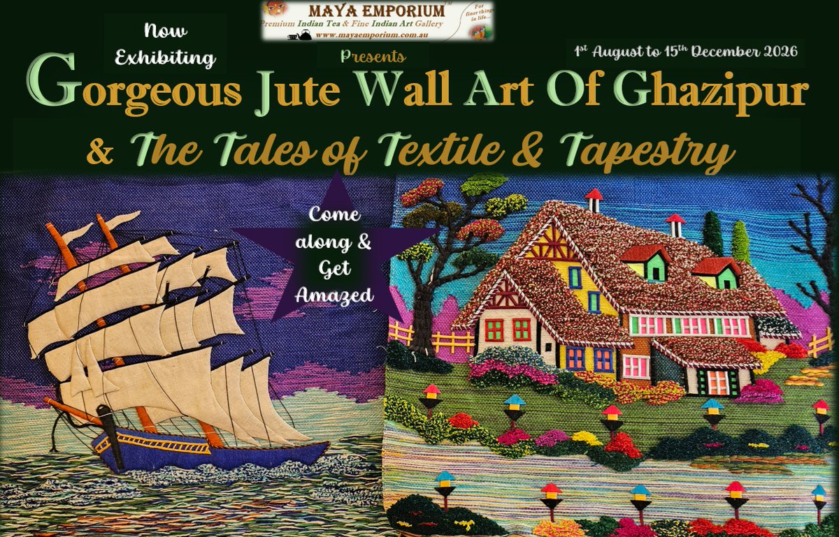 MayaIndianArts1's tweet photo. #NowExhibiting @ #MayaEmporium-Gorgeous #Jute #WallArt Of #Ghazipur &amp; The Tales of #Textile &amp; #Tapestry. Its abt d #Art that makes d yarn speak!
Njoy a cup of Premium #IndianTea #MayaofAustralia &amp; listen to the songs of weaving. Video #Documentary 2 b published soon! #StayTuned! https://t.co/DBzNNG8X9F