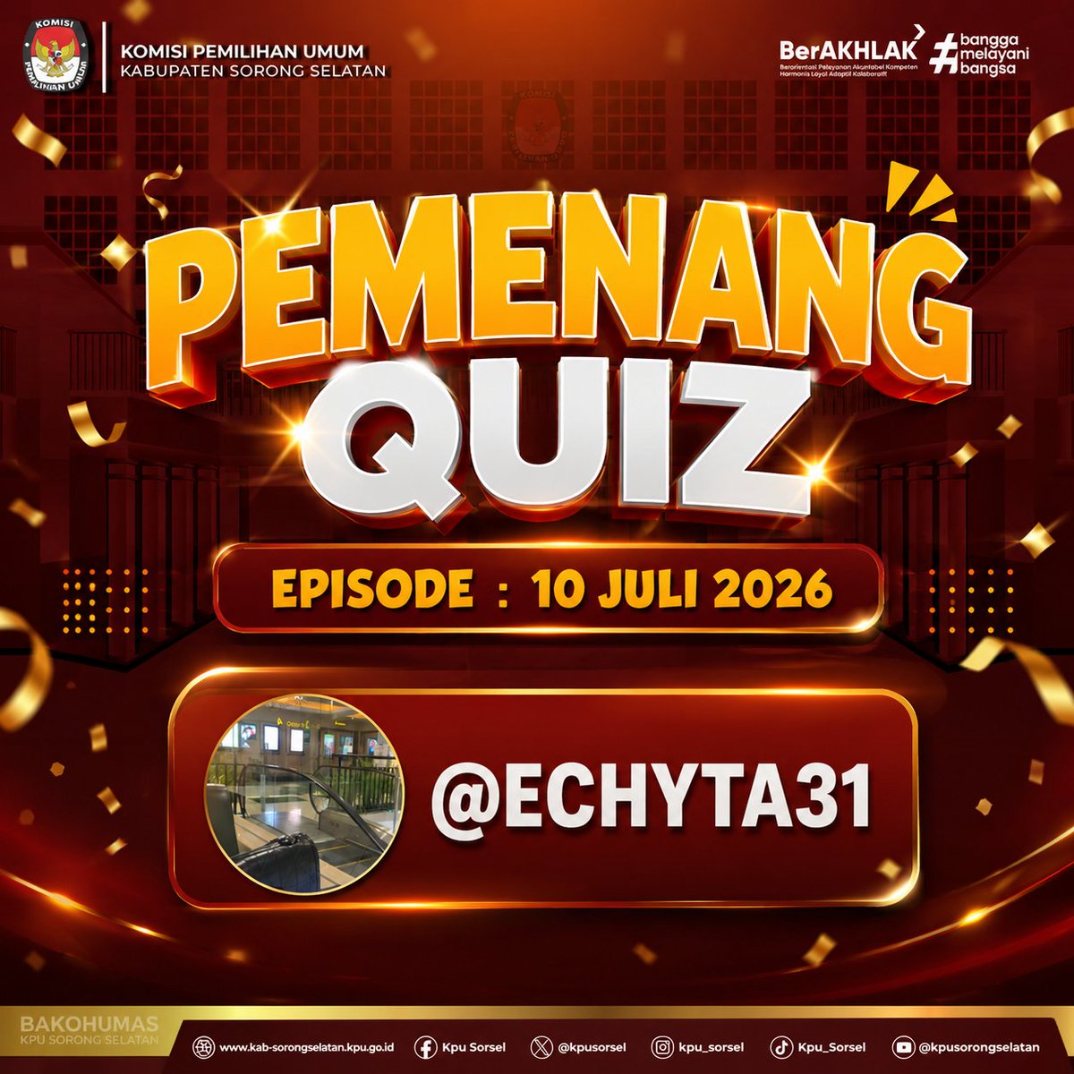 kpusorsel's tweet photo. #Temanpemilih, berikut adalah pemenang quiz episode 10 juli 2026.
Selamat kepada pemenang https://t.co/nQDDDg42Ep