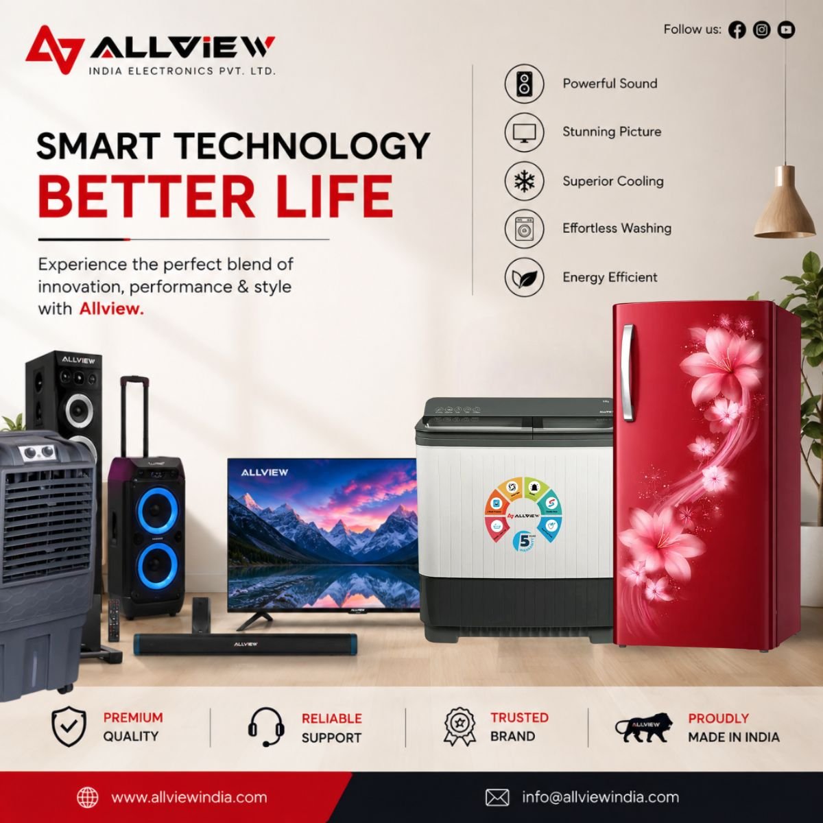 Allview_India's tweet photo. Smart Technology. Better Life. 🚀

Upgrade your home with innovation that delivers powerful sound, stunning visuals, superior cooling, effortless washing, and energy-efficient performance—all in one trusted brand.

🇮🇳 Proudly Made in India

#allview #viral https://t.co/O54mTfZBtr