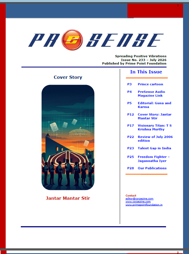 prpoint's tweet photo. July 2026 edition of eMagazine PreSense editorial on four varnas – cover story on Jantar Mantar stir and the lessons to be learnt  - interview former CEC TS Krishnamurthy
https://t.co/guDZntEPZo
audio version 
https://t.co/HrvrBxL3N1

@narendramodi  @PMOIndia  @arjunrammeghwal https://t.co/pxCDPY6AOr