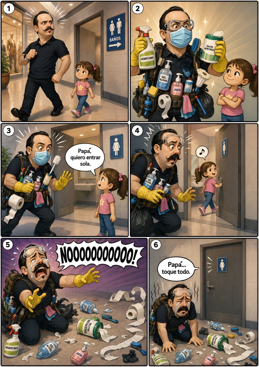 ljhernandezp's tweet photo. El momento exacto en que una hija dice: “Papá, yo puedo sola”… y un padre pierde años de vida en segundos. 😂
Preparado para combatir cada germen del baño público, derrotado por la independencia infantil.
#DadLife #Parenting #Humor #Comic #VidaDePadres https://t.co/KNXFiUTWY4