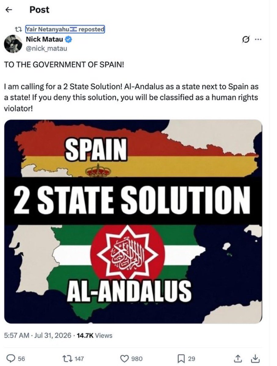 Partisangirl's tweet photo. Netanyahu’s son doubles down on wanting to give Spain to Morroco. https://t.co/AxlAq35SNr
