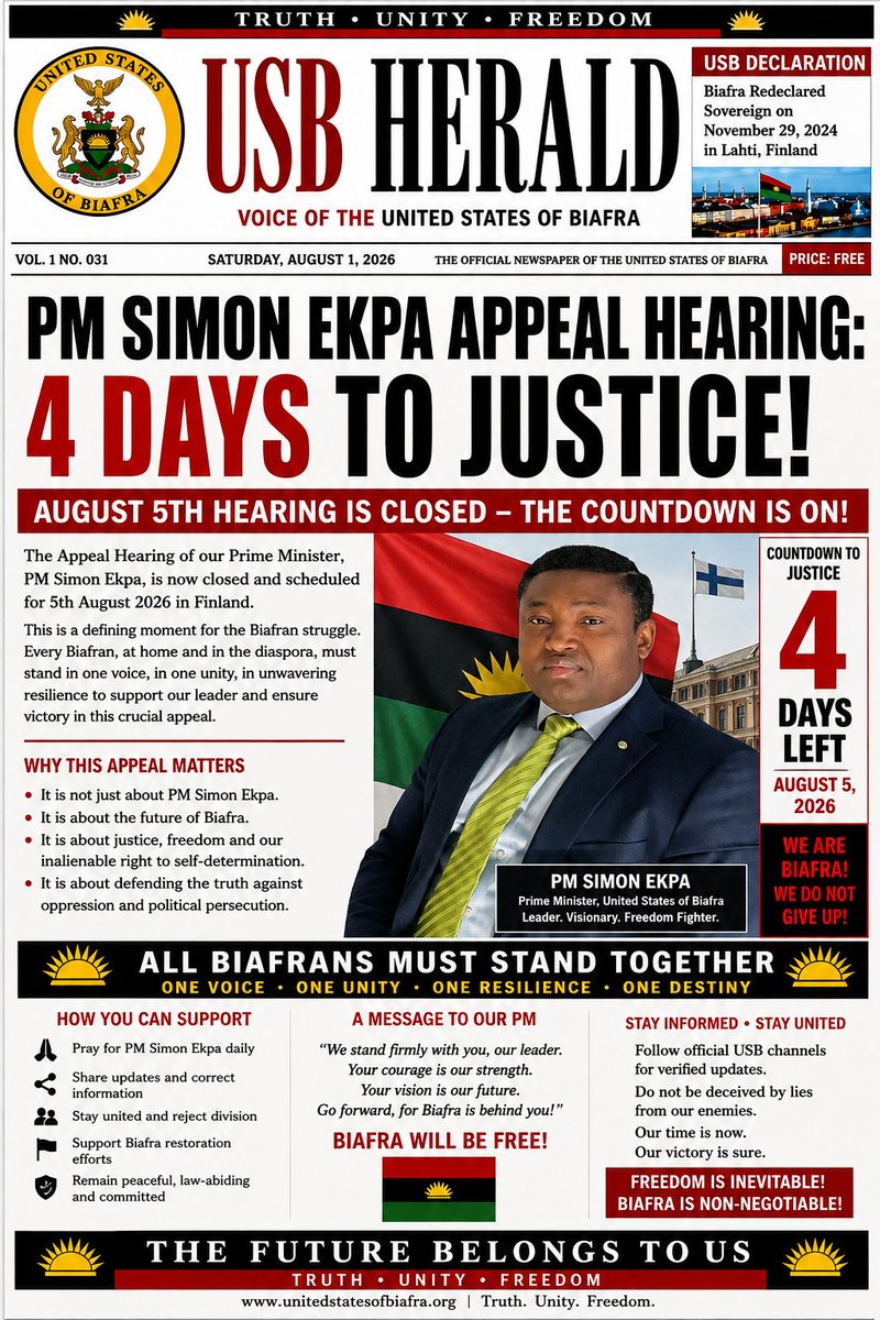 DrakeOfficial06's tweet photo. With Just Four Days Remaining Before The August 5 Appeal Hearing, Biafrans Worldwide Are Called Upon To Stand United In One Voice, One Purpose, And Unwavering Resilience As Prime Minister Simon Ekpa Prepares For This Defining Moment In The Struggle. https://t.co/n4FDeKfv7q
