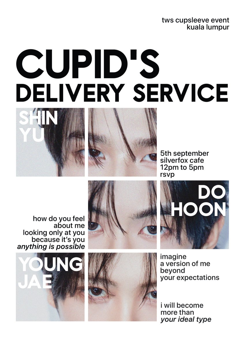 CUPID0305's tweet photo. tws cupsleeve event in kuala lumpur
— for shinyu dohoon youngjae

𐔌 𝗰𝘂𝗽𝗶𝗱’𝘀 𝗱𝗲𝗹𝗶𝘃𝗲𝗿𝘆 𝘀𝗲𝗿𝘃𝗶𝗰𝗲 ❤︎ ⁠𐦯

date: 5th september 2026
location: silverfox cafe, kl
time: 12pm-5pm, rsvp

#cupidsdeliveryservice https://t.co/8LeemEjDSL