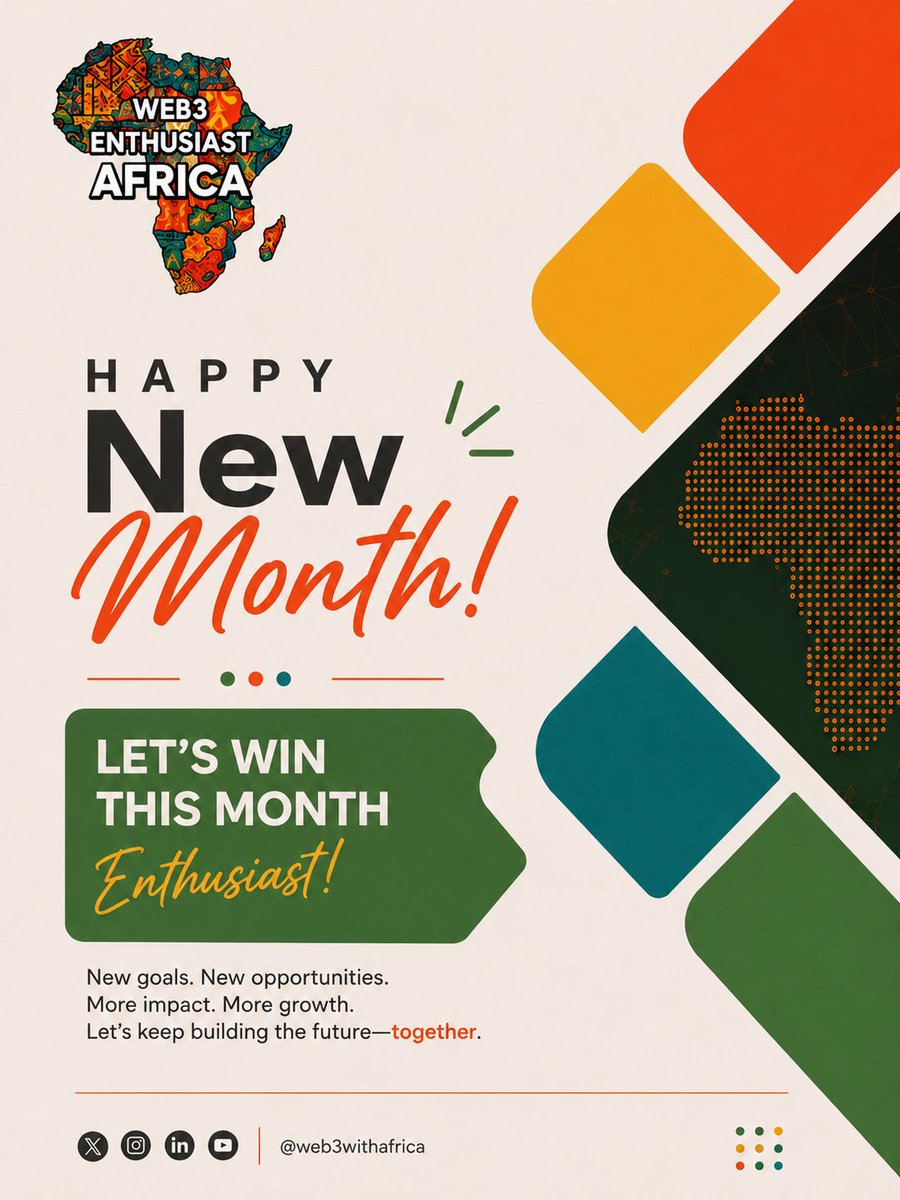 web3withafrica's tweet photo. GM, Enthusiasts! ☀️

Happy New Month! 

A new month means new opportunities to learn,build,and grow. Let's stay curious,consistent, and keep pushing Web3 adoption across Africa.
Here's to a month of wins.🌍
#HappyNewMonth #Web3 #Web3WithAfrica #CryptoEducation https://t.co/oGW07xdqwn