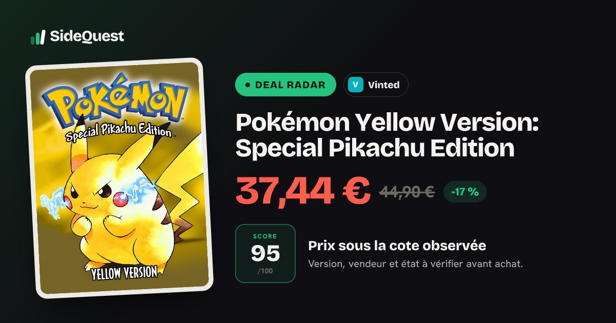 gesidequest's tweet photo. Deal Radar · Vinted 👀

Pokémon Yellow Version: Special Pikachu Edition · Game Boy

37,44 EUR · score SideQuest 95/100
Bonne piste, à vérifier avant achat 👇
https://t.co/zSvyo3M0Im https://t.co/xzYDmka6Mj