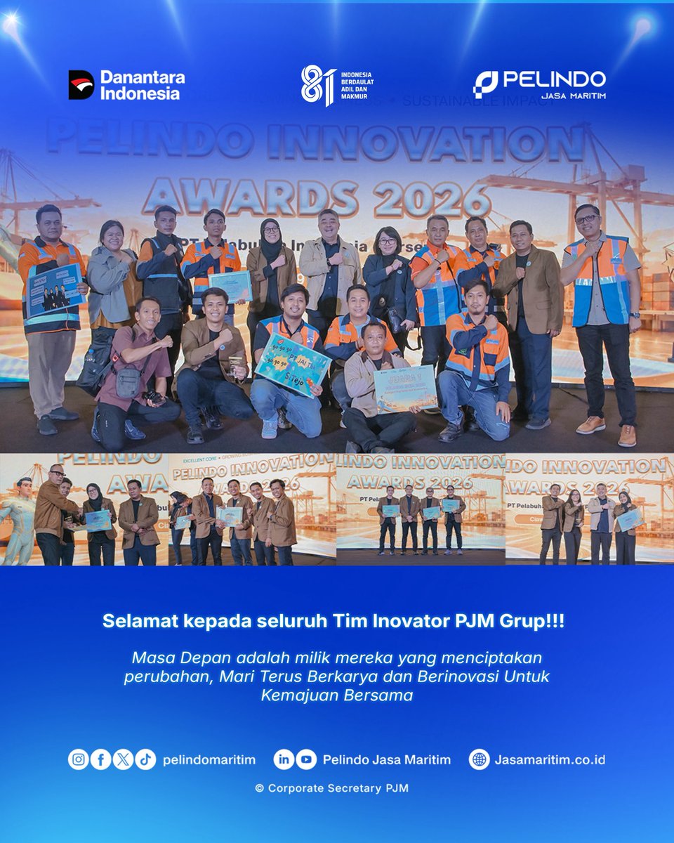 Pelindomaritim's tweet photo. Hai #SobatMaritim
Selamat kepada PJM Grup atas prestasi membanggakan di Pelindo Idea 2026.
Pencapaian ini merupakan hasil dari semangat inovasi dan kolaborasi seluruh Insan PJM Grup. 

Mari terus berinovasi dan menciptakan nilai bagi perusahaan. https://t.co/BITrkVLnzq