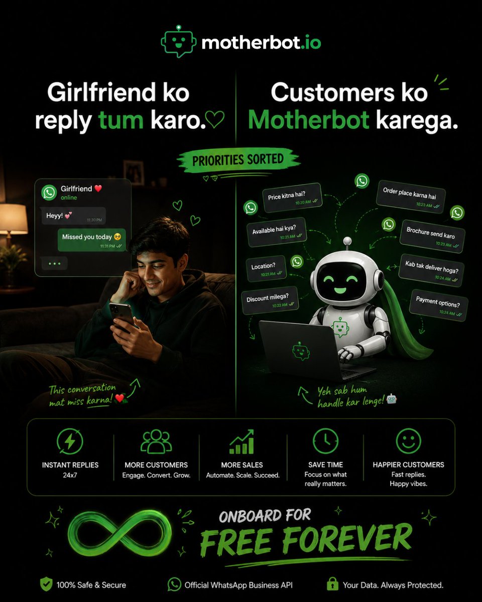 motherbot_io's tweet photo. Girlfriend ko reply tum karo ❤️

Customers ko Motherbot karega 🤖

No missed chats.
No missed sales.
No missed dates. 😉
#NationalGirlfriendDay https://t.co/fZ87Q9nkIg