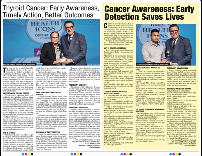SPARSH_BBSR's tweet photo. Proud to see Prof. Dr. Rajesh Kumar Padhy (ENT) &amp; Dr. Swaraj Shankar Satpathy (Medical Oncologist) featured in The Times of India for thyroid &amp; cancer awareness.
Early screening saves lives. Know the signs. Get checked.

#CancerAwareness #SparshHospitals #TimesOfIndia https://t.co/OIg0Q9cvKY