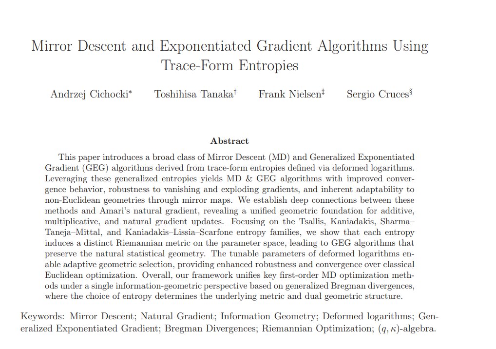 FrnkNlsn's tweet photo. "Mirror Descent and Novel Exponentiated Gradient Algorithms Using Trace-Form Entropies and Deformed Logarithms"

https://t.co/tczPax834C https://t.co/Zt8nkgYMm5