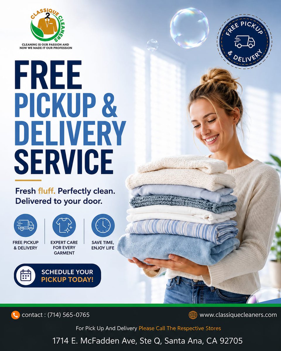 classiqueclean's tweet photo. Let us handle the heavy lifting! We pick up your dirty laundry right from your doorstep and return it fresh, clean, and perfectly folded—all with FREE pickup and delivery.
 Get 15% discount on all incoming orders above $125.
(714) 565-0765
(714) 654-5925
https://t.co/IVOgSUmtbe! https://t.co/XDejigvvsr