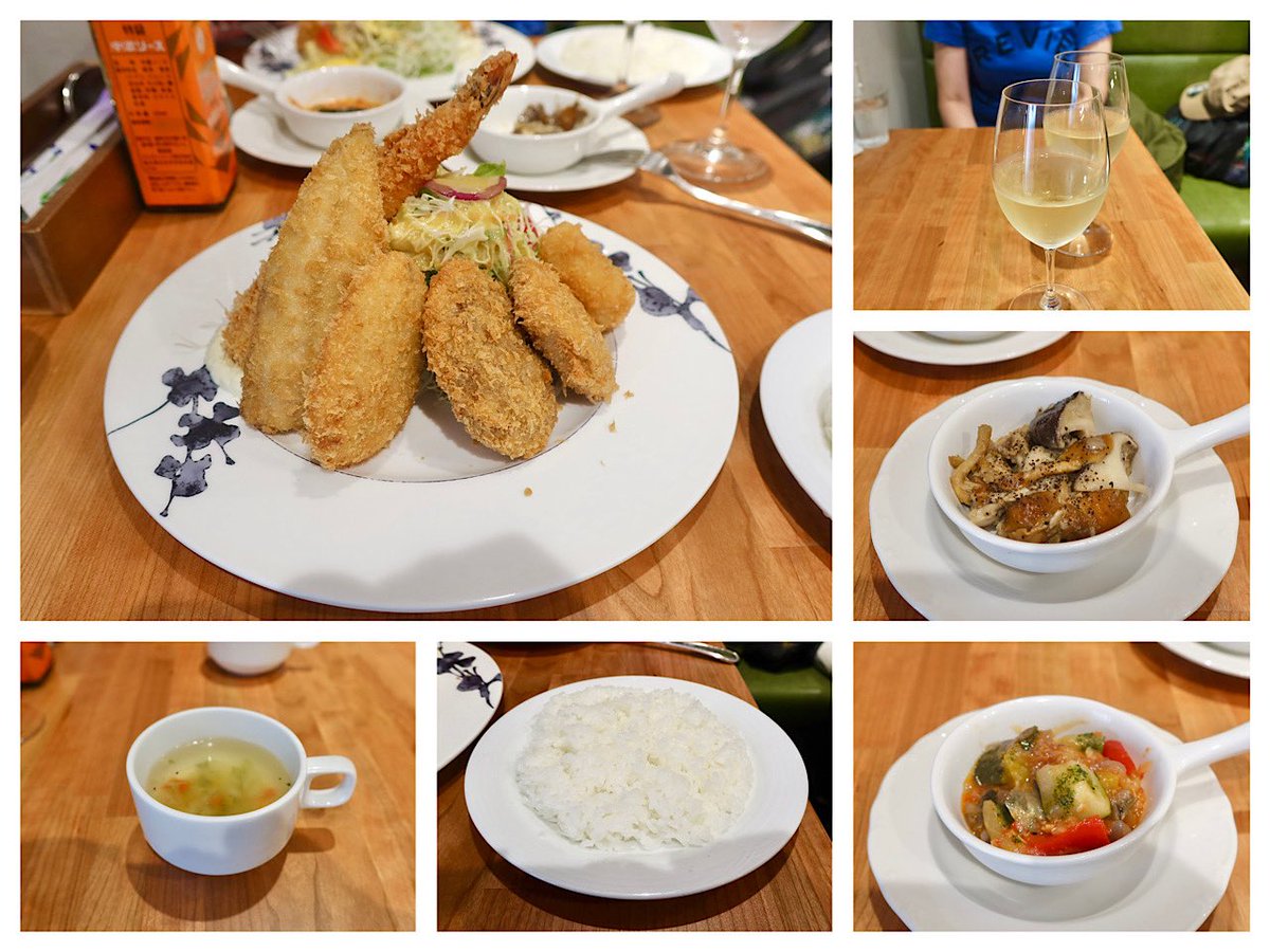 stkisr's tweet photo. 三鷹の『西洋料理レストラン 七條』にて、スペシャルミックスフライ。

今日は車じゃないので白ワインとラタトゥイユ、キノコのマリネも。

神保町と神田にあった頃に行ったことがあるけど、移転後は初。

エビ、鯵、帆立、クリームコロッケ、ミニメンチカツ、黒豚ヒレカツと種類が多くて全部美味い😆 https://t.co/60r9Ig9GML