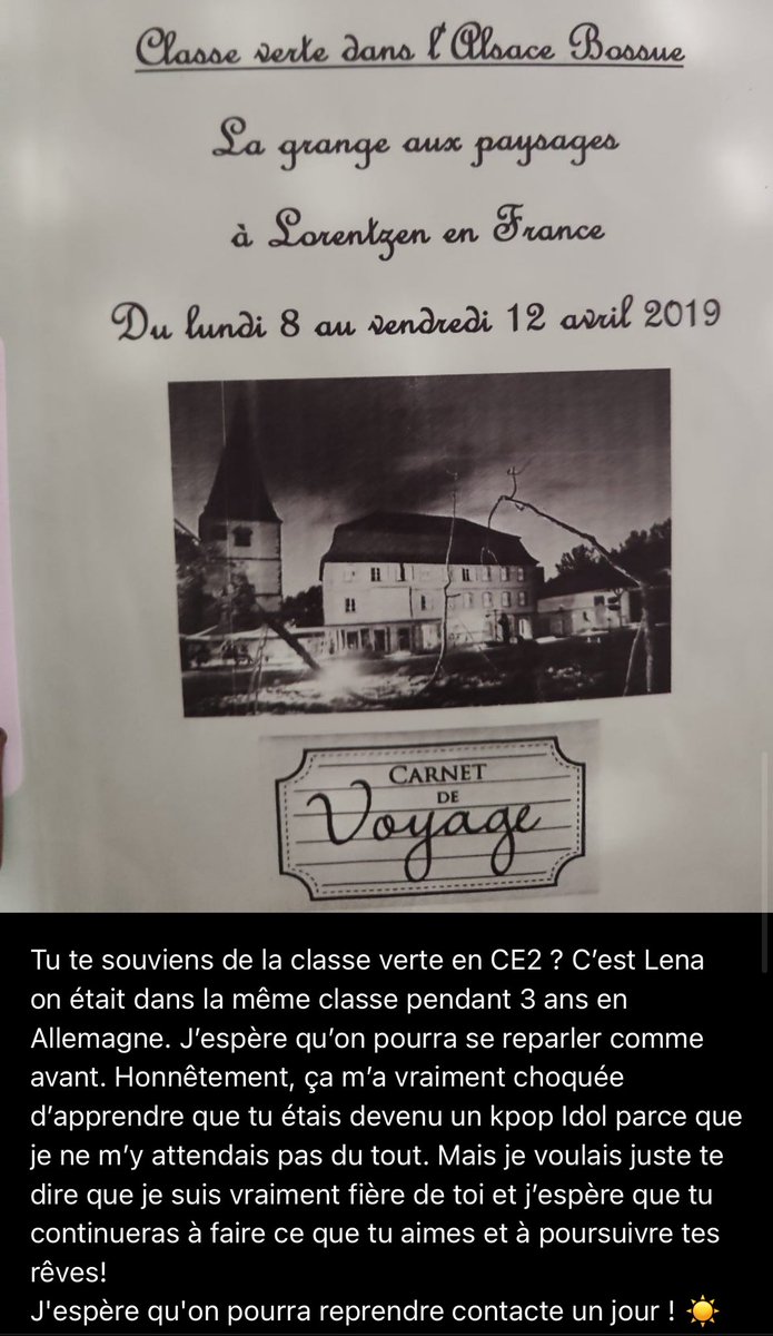 anchanspace's tweet photo. So what Louis shared before about living in Germany when he was little seems to be true?😮
It looks like he was living in Germany by 2019 and had been there for about three years...

‣ English translations of the post:
“Do you remember the green class trip we went on in 3rd grade (CE2)? It's Lena—we were in the same class for three years in Germany. I hope we can talk again like we used to.
Honestly, it really shocked me to hear that you became a kpop idol because I never expected it at all. But I just wanted to tell you that I'm really proud of you, and I hope you keep doing what you love and continue chasing your dreams!
I hope we can get back in touch someday! ☀️”

‣ English translations of the photo:
“Green Class in Alsace Bossue
The Barn of Landscapes
Lorentzen, France
Monday, April 8 – Friday, April 12, 2019
【Travel Journal】”

So biglou's former classmate posted this story on weverse and shared some of his childhood photos. 
the support message is so heartwarming too..awwwie🥺🫶🏻

➖
CE2 is the French equivalent of 3rd grade (around 8–9 years old). 
So, if this story is from 2019, it matches Louis' age. He was 9 years old in 2019😮✨

#LOUIS #루이 #ルイ
#LNGSHOT #롱샷 #ロンシャ