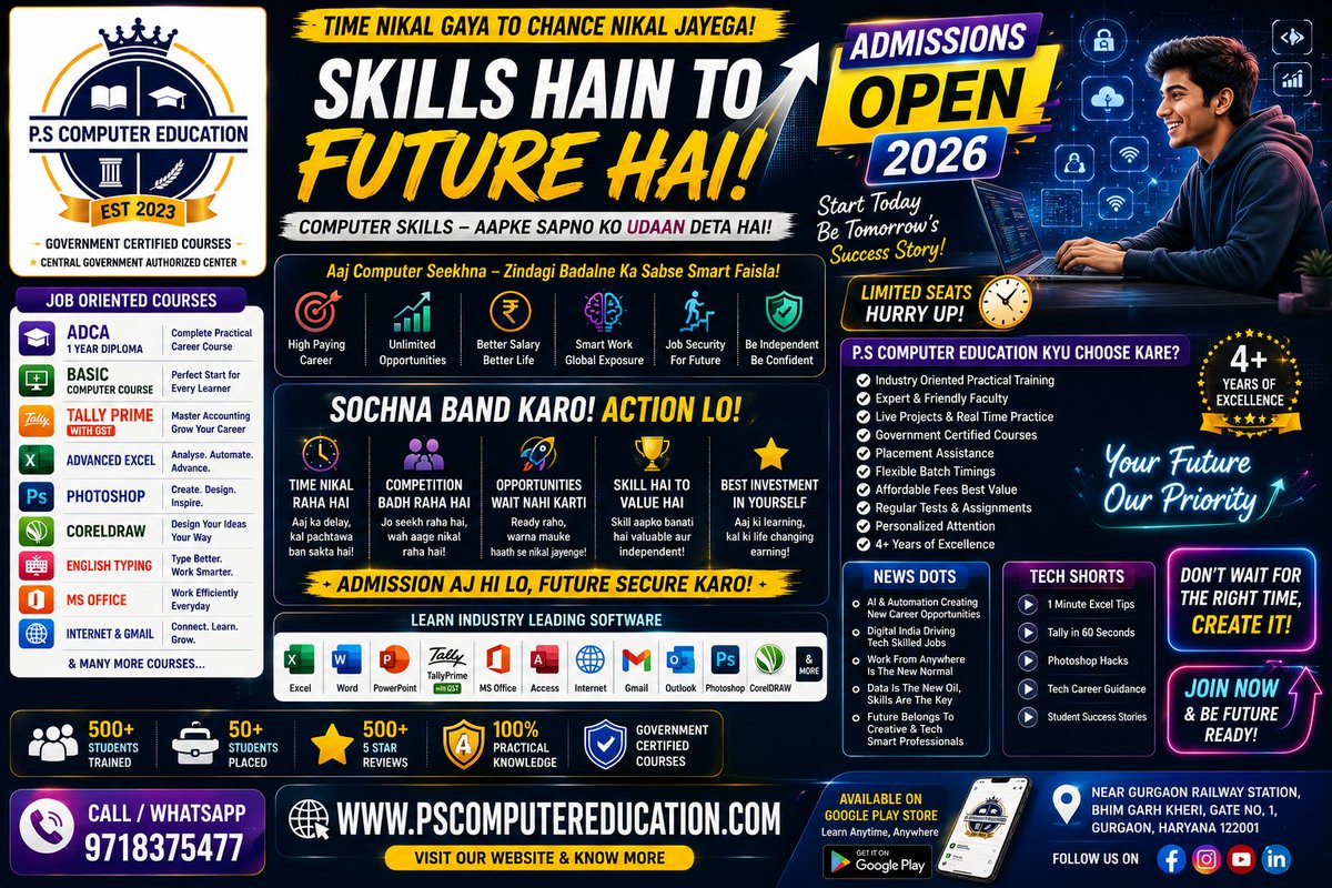 pscomputer2401's tweet photo. #ComputerInstitute #ComputerTraining #ComputerEducation #DigitalSkills #ADCA #DCA #AdvancedExcel #TallyPrimeGST #GraphicDesigning #MSOffice #OfficeAutomation #CareerGrowth #SkillDevelopment #AdmissionsOpen #PSComputerEducation
By Yatin Khandelwal
Founder & Director https://t.co/q2DYQ1Wp93