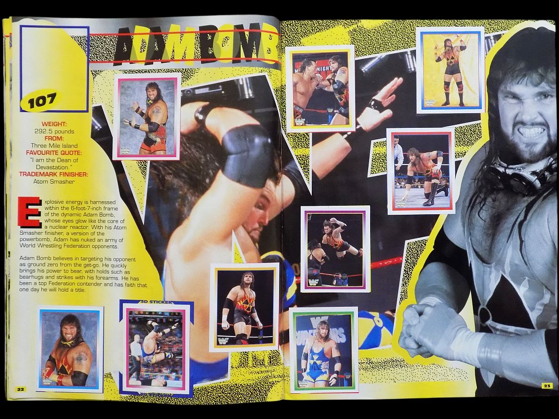 WWFWrestling1's tweet photo. Adam Bomb pages from the 1995 Merlin WWF Sticker Album. ☢️💣 #WWF #WWE #Merlin #AdamBomb https://t.co/XPQUUdP5fs