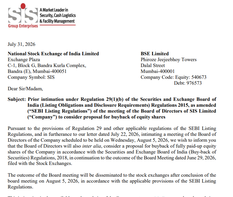 share_buyback's tweet photo. 🚨 SIS Buyback Update

Why the confusion, SIS ? 🤔

📌 On 29 June 2026, the company announced a ₹120 crore share buyback at ₹478.50 per share but did not disclose whether it would be through the Tender Offer or Open Market route.

📌 Now, the company has scheduled another Board Meeting on 5 August 2026 to consider the buyback proposal along with Q1 results.

If the board had to discuss the buyback again on 5 August, why was the buyback size announced in such a hurry on 29 June without clarifying the route ?

Investors deserve clear communication, not unnecessary confusion.

It's seem in upcoming board meeing, the buyback may be announced through the Open Market route.

Stay alert for the board meeting.

Like and share this post to bring attention to this issue and demand better transparency for investors.
 
#SIS #ShareBuyback #Buyback #CorporateGovernance #InvestorRights