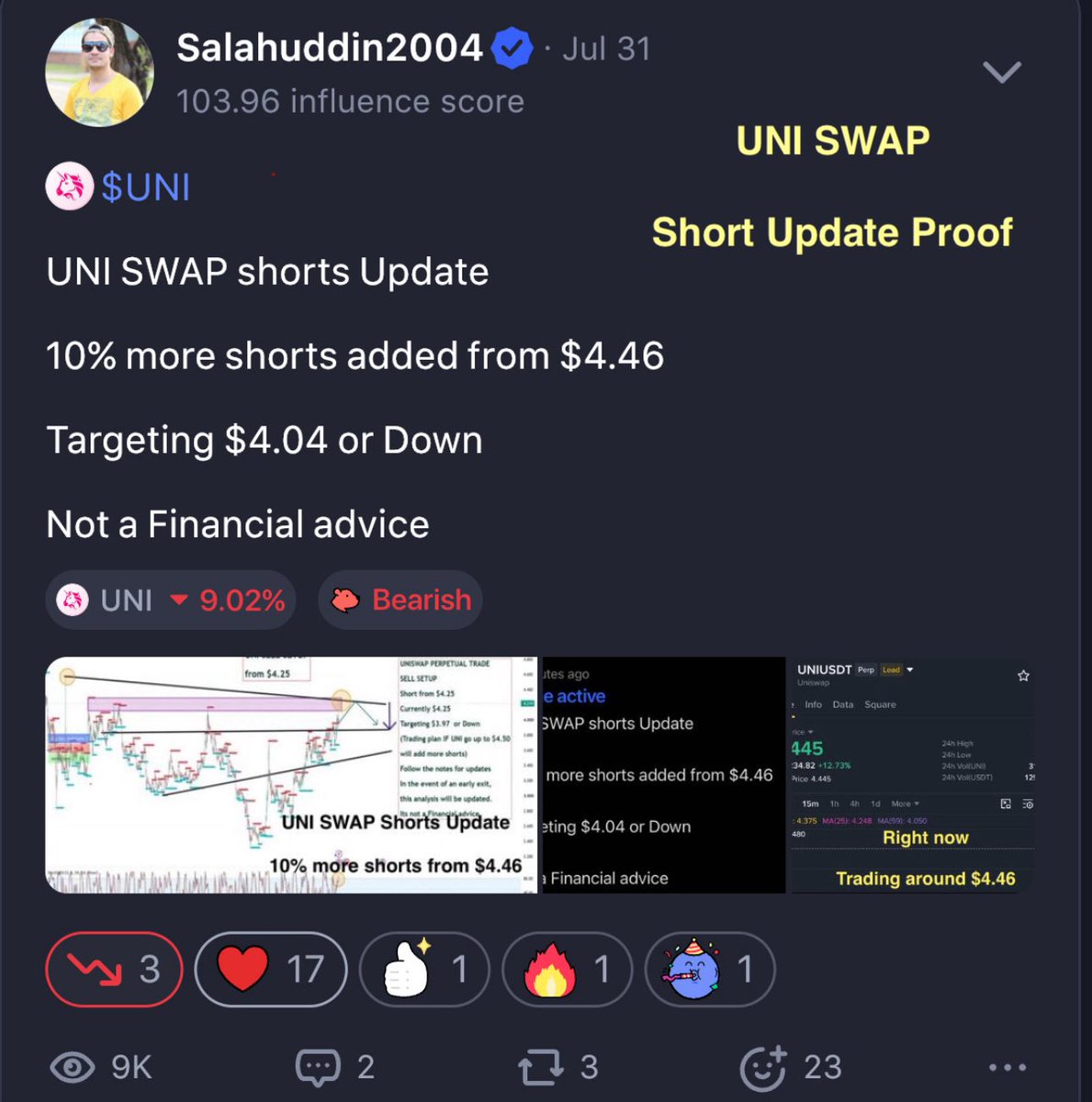 salahuddin2004's tweet photo. ethereum:0x1f9840a85d5af5bf1d1762f925bdaddc4201f984 #UNISWAP #UNIUSD

UNI SWAP all shorts closed now at $4.10

Final shorts were from $4.46

TA clicked with update

#salahuddin2004 #BTC #btcusd #ethusd #CryptoFutures #gold #TradeAlert @CoinMarketCap @Cointelegraph https://t.co/Jqs091zMV3