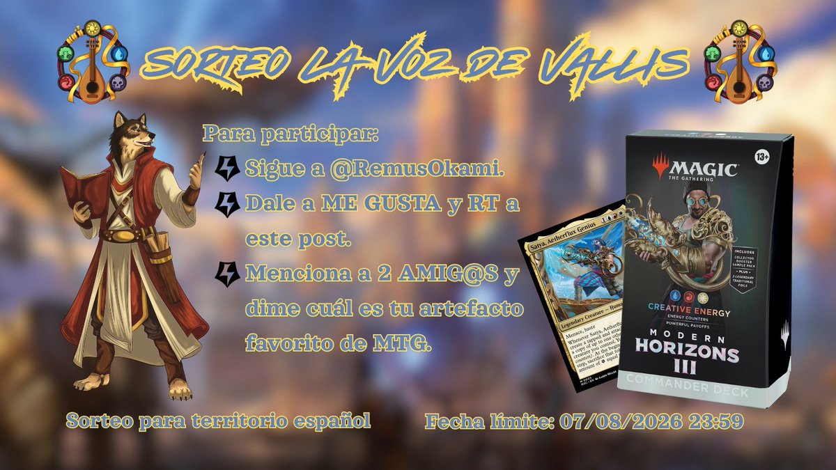 RemusOkami's tweet photo. 🔋SORTEO LA VOZ DE VALLIS🔋

Para celebrar que sois 2000 criaturitas de Vallis, quiero obsequiaros con el precon Creative Energy de Modern Horizons 3.

Para participar:
-Sigue a @RemusOkami 
-Dale MG y RT a este tweet
-Menciona 2 amig@s y dime cuál es tu artefacto favorito de MTG

Sorteo para territorio español.
Fecha límite: 7 de Agosto de 2026, a las 23:59.