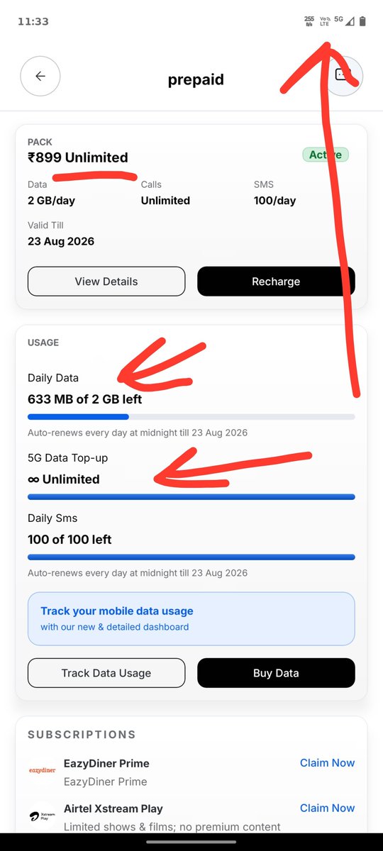 trip1297's tweet photo. ये कैसा धोखा है 
रिचार्ज 899 Unlimited डाटा का किया हु
5जी चलने के बावजूद 2GB डाटा खत्म हो रहा है
2gb खत्म होने के बाद डाटा बंद हो जा रहा 5जी नेटवर्क के बावजूद
पिछले 2 दिनों से ये हो रहा है
ऐसा प्रतिबंध क्यों है @airtelindia
@Airtel_Presence @jagograhakjago https://t.co/gitnD4bZbW