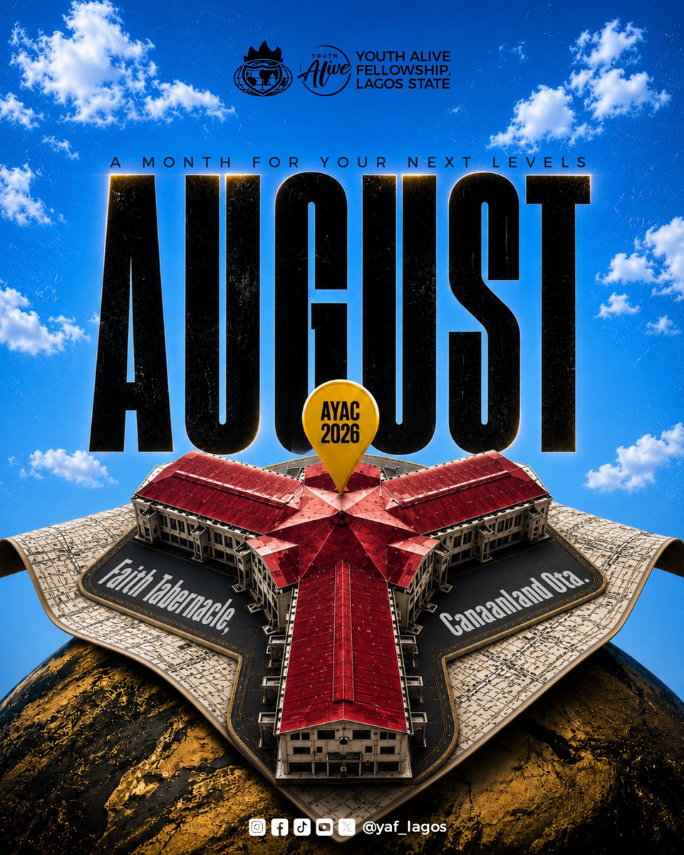 Yaf_Lagos's tweet photo. Welcome to August! 

We invite you to the Annual Youth Alive Convention 2026 from 18th-22nd Aug. 2026🚀. Our time to move from the low places of the earth to higher grounds ordained by redemption is here and we embrace it. See you there!

#yaflagos #youthalivelagos #ayac2026 https://t.co/Rtm9cfH3qt