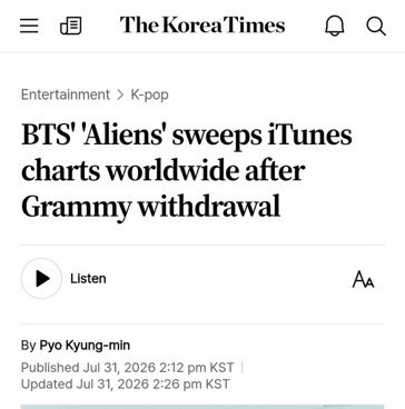 Jantar127's tweet photo. ARMY just showed the entire industry what real power looks like.

BTS’s “Aliens” (the absolute B-side gem from ARIRANG) just swept iTunes Top Songs charts in 78 regions worldwide after the boys made the bold decision to withdraw from next year’s Grammys.
Within hours of the news dropping, the fandom locked in. Coordinated streaming parties, group chats exploding, Twitter/X timelines pure chaos in the best way — and boom. #1 in the US, UK, France, Brazil, India, Australia… and counting.
This isn’t just a chart run.This is ARMY saying: We stand with BTS. Always.

No awards needed when the music and the love already top every list that actually matters.

Aliens is eating. ARMY is eating. BTS forever.