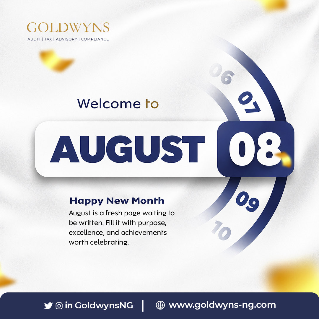 GoldwynsNG's tweet photo. Welcome to August.
May this month bring lasting results and abundant reasons to be grateful.
Have a productive and fulfilling August
#HelloAugust
#NewMonth
#AugustGoals
#FreshStart
#TeamGold
#Goldwyns https://t.co/dhSxBmk8Rl
