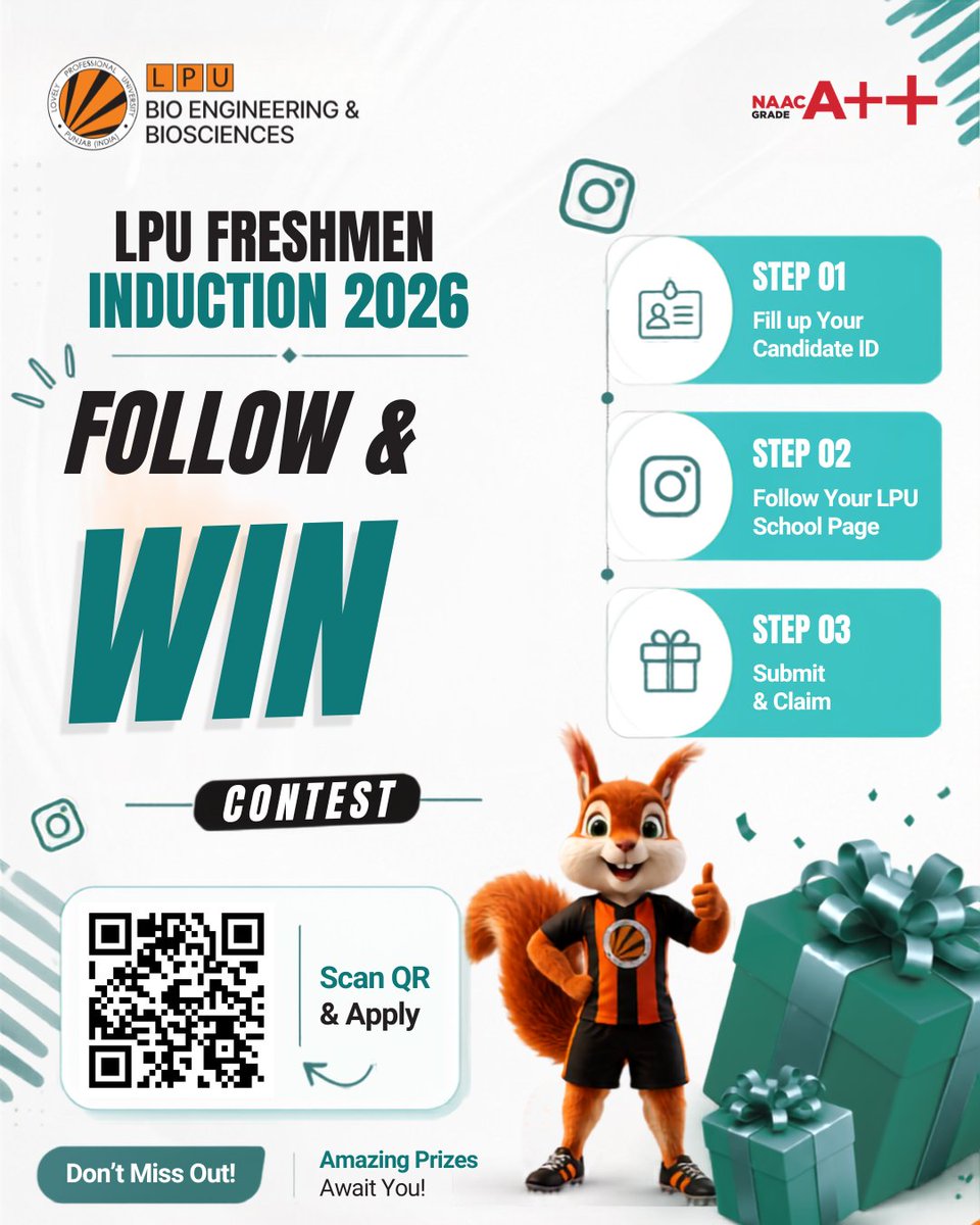 LPUBioEngg's tweet photo. 🎉 FOLLOW • WIN • CELEBRATE! 🎁

Your LPU Freshmen Induction 2026 journey just got even more exciting! 🌟

Here's your chance to win amazing prizes in just 3 simple steps:

✅ Fill in your Candidate ID
✅ Follow your LPU School Instagram Page
✅ Submit your entry & claim your chance to win!
It's quick, easy, and rewarding—because your exciting journey at LPU deserves an exciting start. 💙
📲 Swipe through the post, follow the steps, and participate today!

🎁 Exciting gifts await lucky winners.

#LPUFreshmenInduction2026 #FollowAndWin #LPU #SchoolOfBioengineeringAndBiosciences #Admissions2026 #FutureBeginsHere #Freshers2026 #StudentLife #CampusLife #WinBig #LPUExperience #Bioengineering #Biosciences #ContestAlert #SwipeToWin