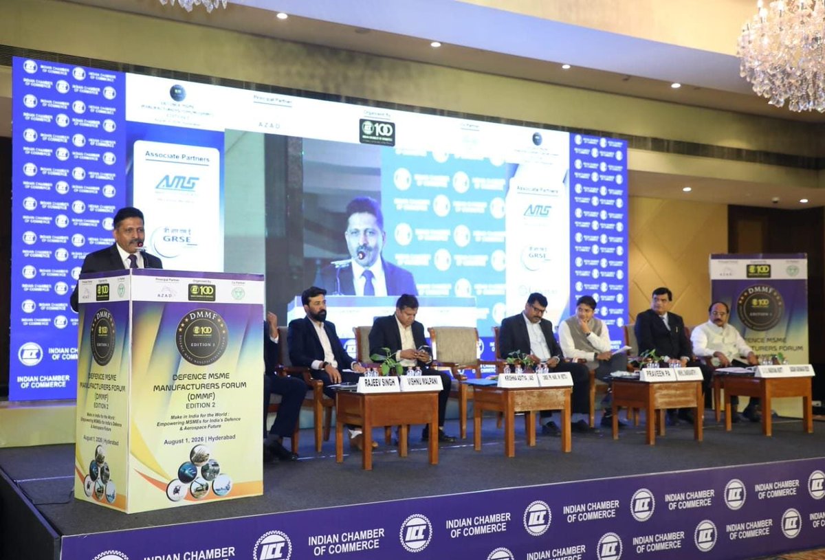OfficialGRSE's tweet photo. Cmde PR Hari, IN (Retd.), CMD, GRSE, delivered the Theme Address on "Make in India for the World – The Road Ahead" at the 2nd Defence MSME Manufacturers Forum, organised by the Indian Chamber of Commerce (ICC) on 01 Aug 26 at Taj Deccan, Hyderabad, Telangana.

Addressing industry leaders, MSMEs and stakeholders, he highlighted the critical role of MSMEs as the backbone of India's defence manufacturing ecosystem and underscored the importance of innovation, technology and collaboration in advancing India's journey from Make in India to Make in India for the World. Emphasising the transformative potential of emerging technologies, he called for stronger partnerships among industry, startups, academia and research institutions to build robust capabilities, strengthen supply chains and enhance India's global competitiveness in defence manufacturing.

@SpokespersonMoD @DefProdnIndia @ICC_Chamber @PIB_India @DDNewslive

#GRSE #NavratnaGRSE #IndianChamberOfCommerce #ICC #DefenceManufacturing #MSMEs #MakeInIndia #MakeInIndiaForTheWorld #AatmanirbharBharat #ViksitBharat2047 #DefenceIndustry #Innovation #Technology #DefenceExports #IndiaForTheWorld